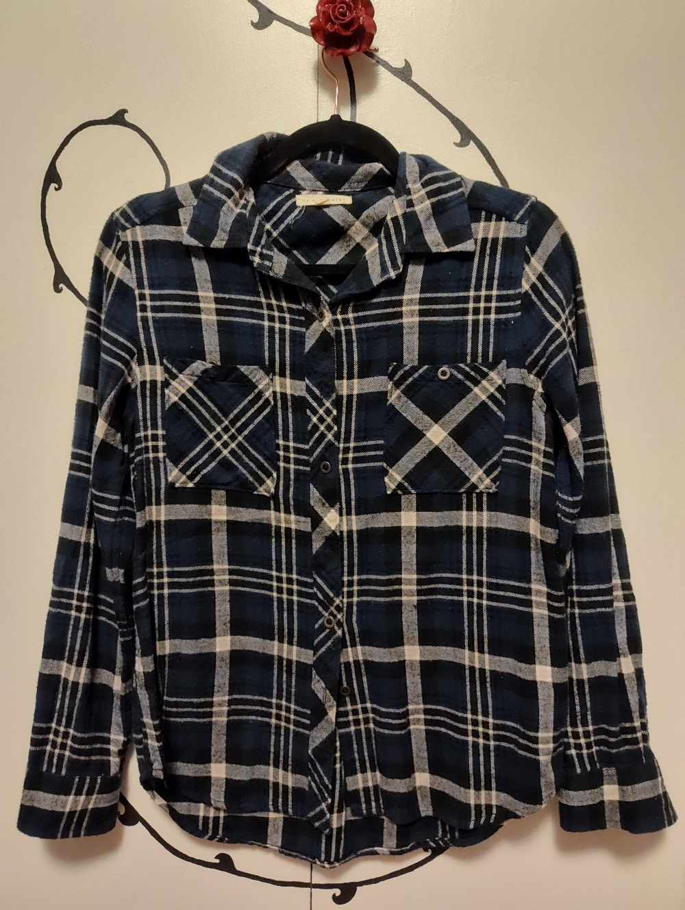 Blue, White and Black Plaid Button-up Shirt